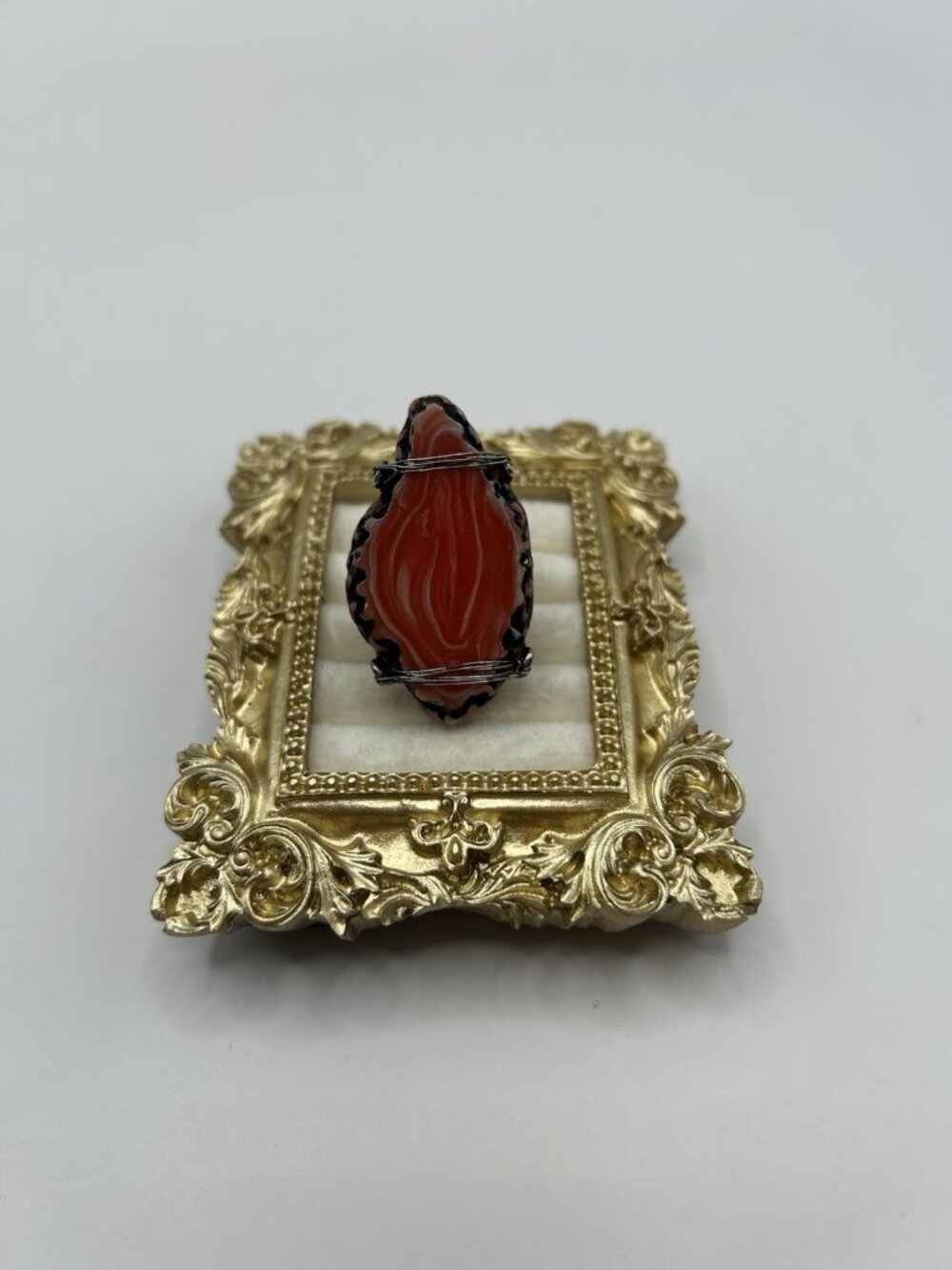 Vintage Red Banded Agate Glass Adjustable Ring Size 7 Statement Boho Silver Tone